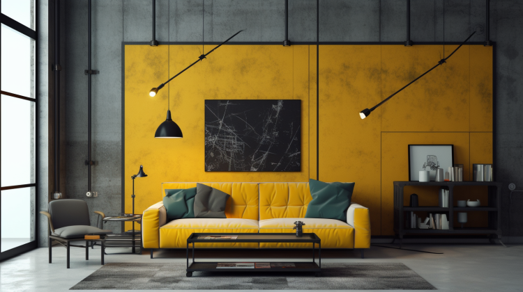 Жовта вітальня з білими стінами та чорними металевими деталями в інтер'єрі.