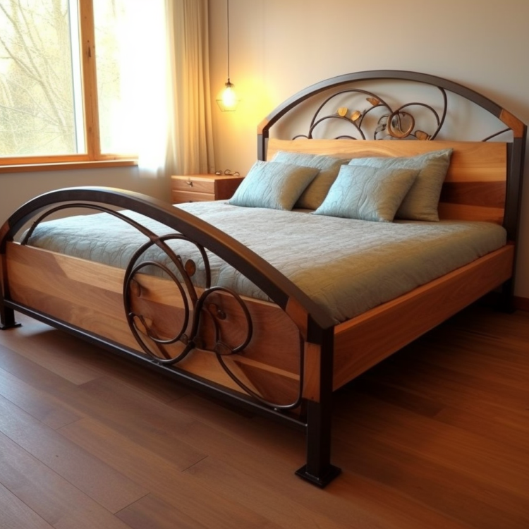 Фото металевого ліжка з дерев'яними елементами, що демонструє поєднання матеріалів в меблях