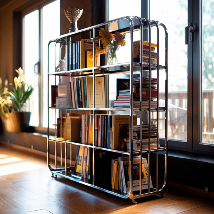 Фотографія книжкової шафи з металевими полицями, демонструючи функціональність та стиль металевих меблів.