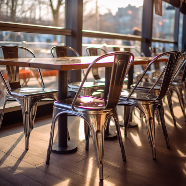 Фото металевих стільців в кафе, демонструючи використання металевих меблів в громадських просторах.