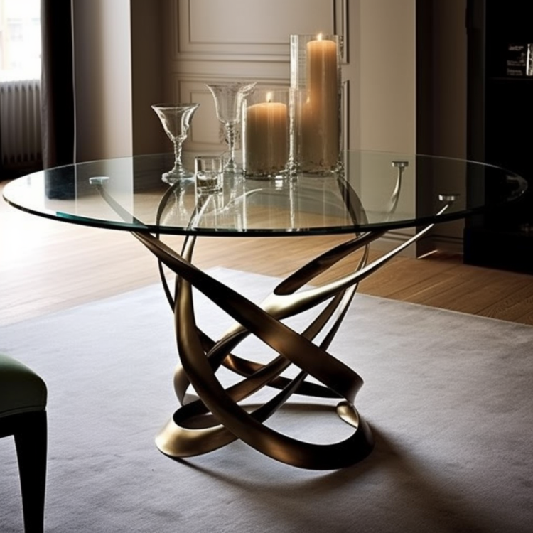 Фото металевого столу зі скляною верхньою частиною, показуючи елегантне поєднання металу та скла в дизайні меблів.