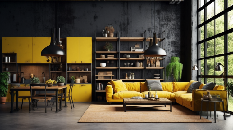 Дизайн інтер'єру з жовтими акцентами та дерев'яними меблями, що додає теплоти та природності в приміщення.